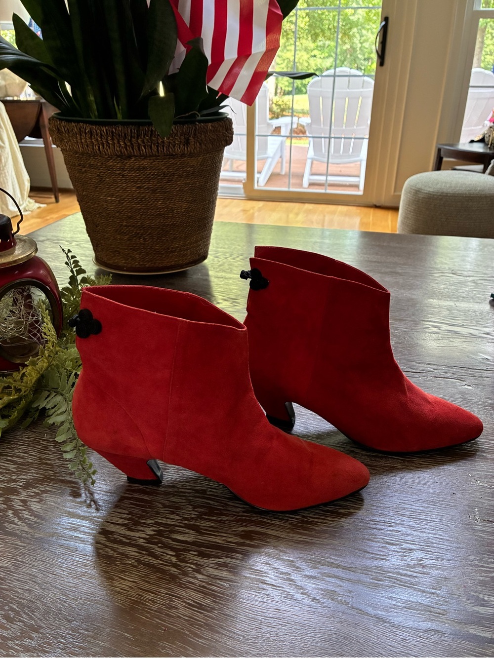 Jennifer Moore Red Suede Ankle Booties with Knot Accent